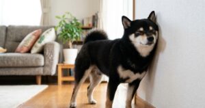 食後に壁に体をこすりつける黒柴