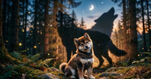 月夜の森で首をかしげる胡麻柴の後ろにオオカミのシルエット