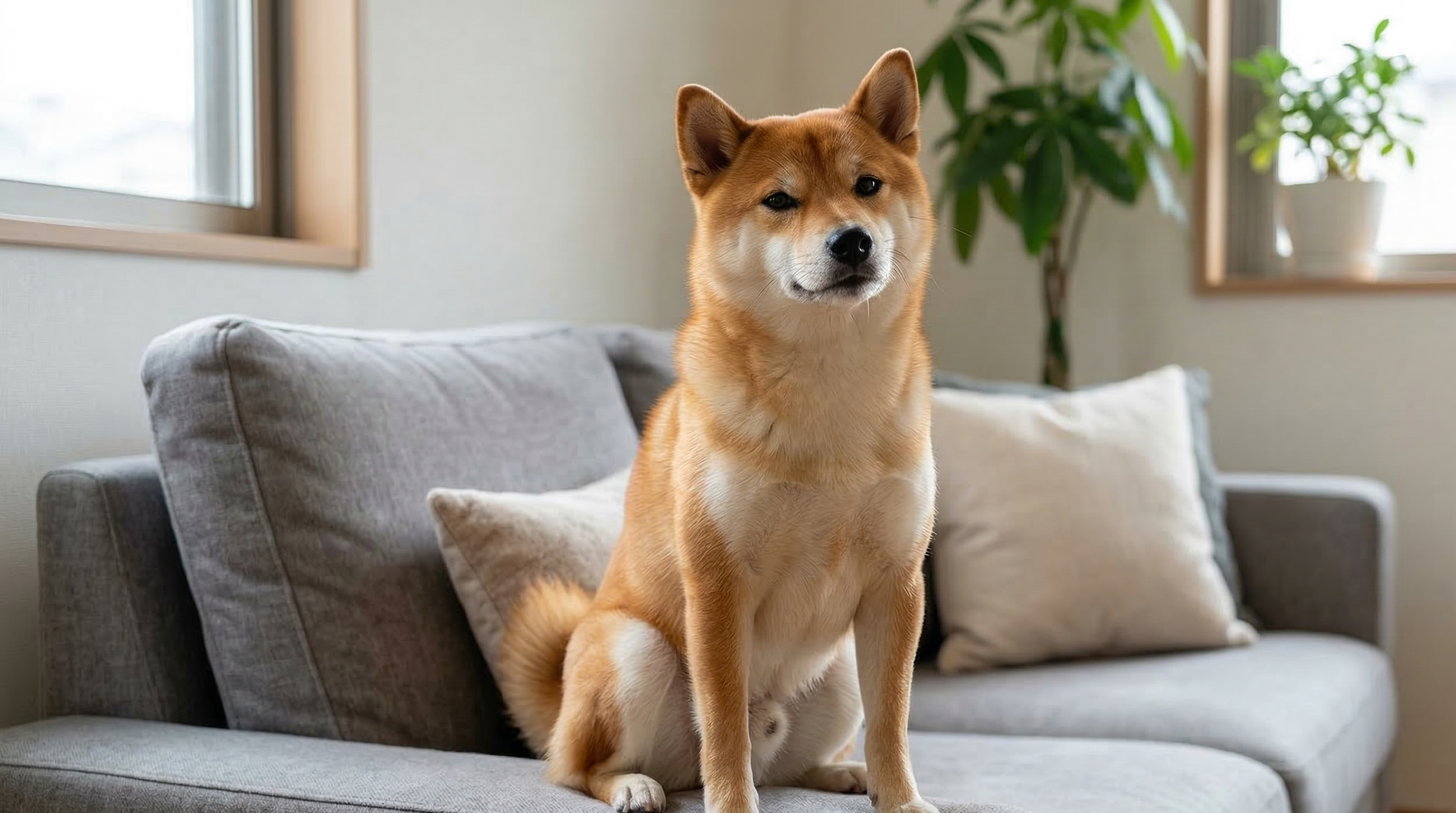 ソファに座る柴犬