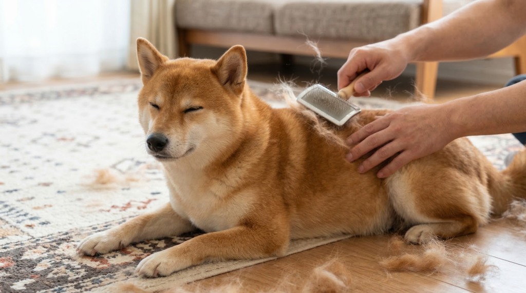ブラッシングされて気持ちよさそうな柴犬