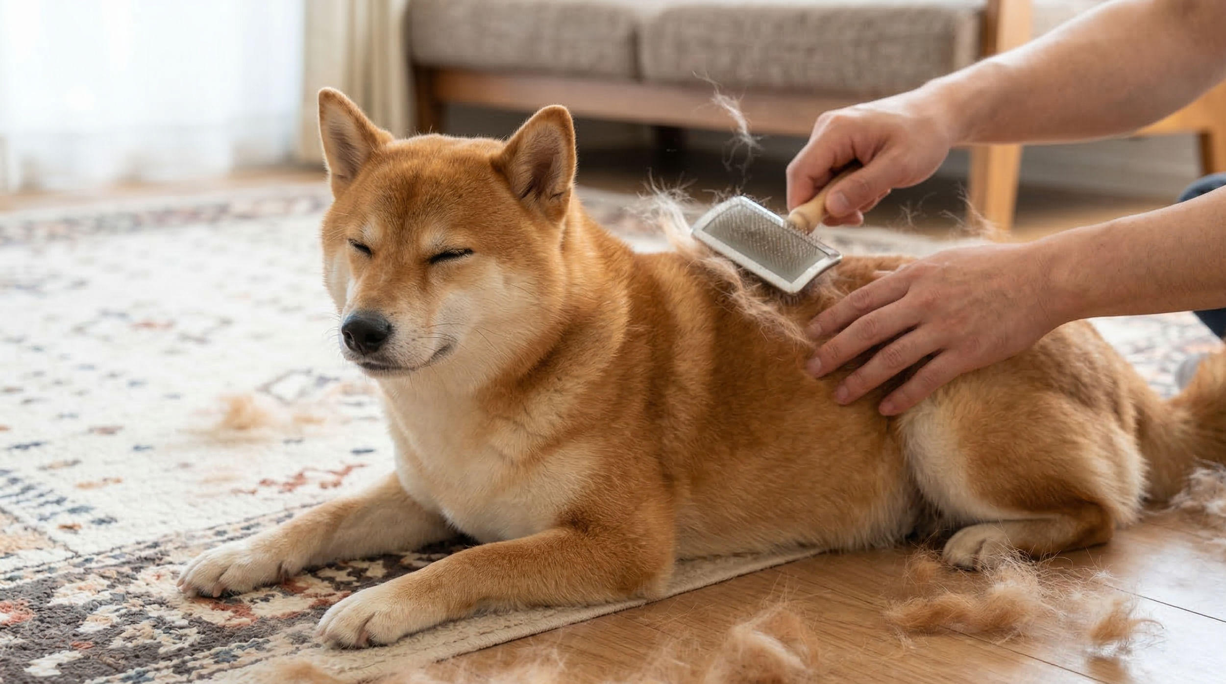 ブラッシングされて気持ちよさそうな柴犬