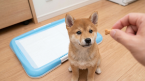 トイレトレーの前でおやつを見つめる柴犬の子犬