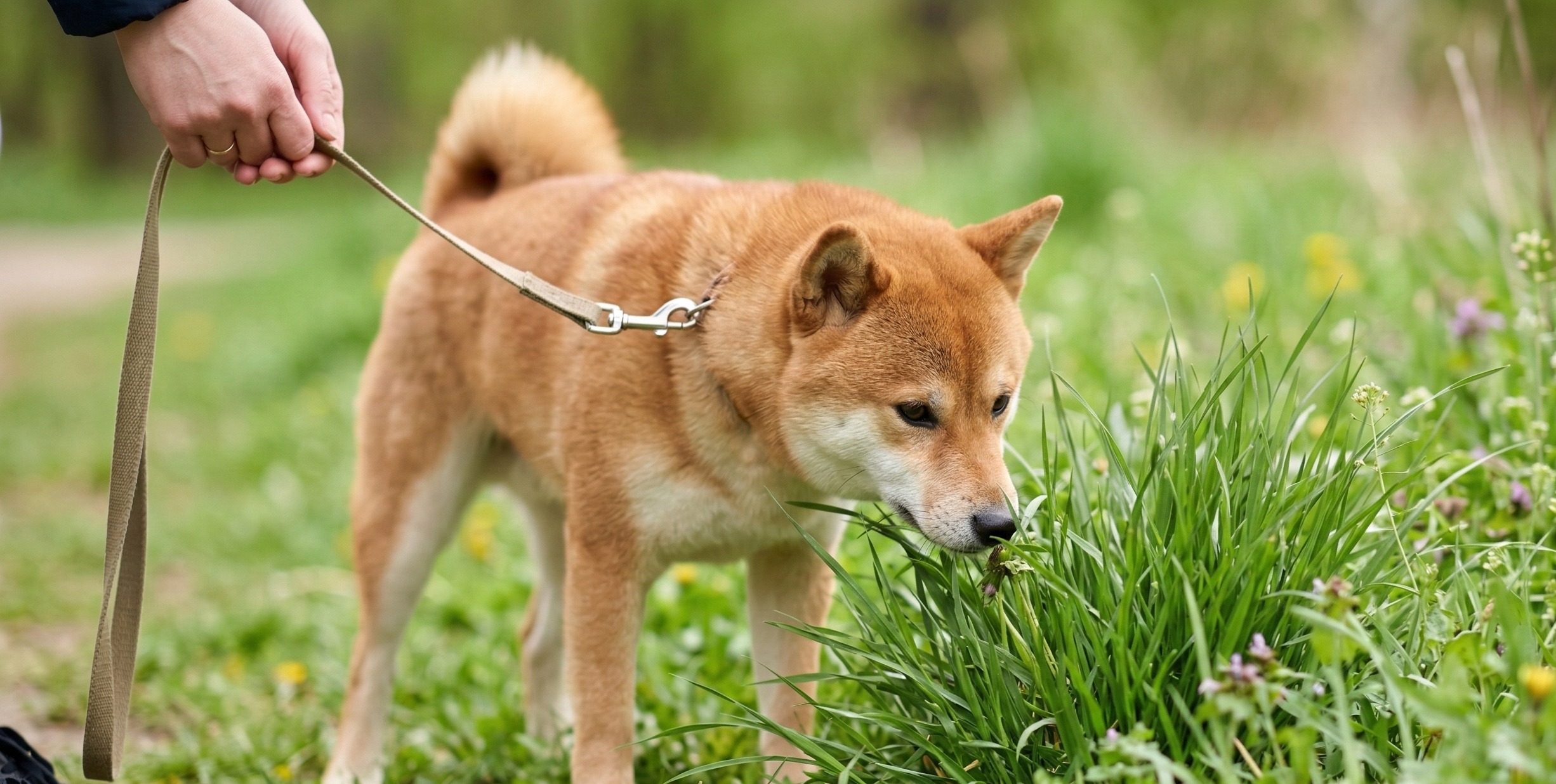 草むらで匂いを嗅ぐ柴犬