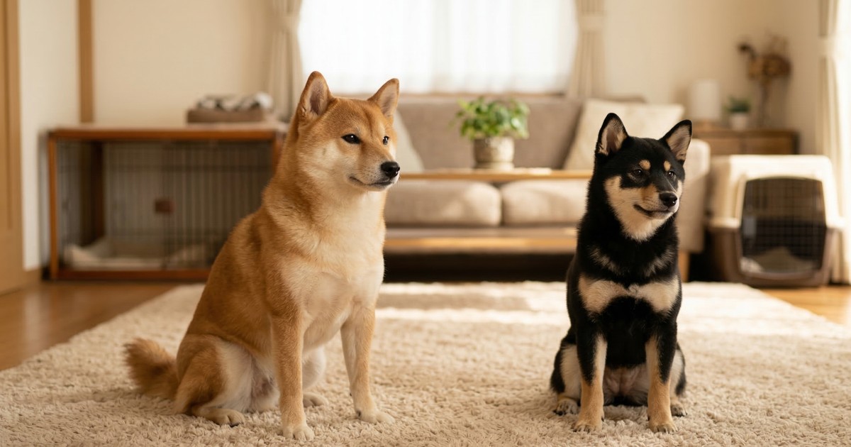 リビングで並んでくつろぐ赤柴と黒柴