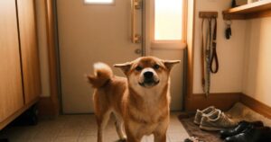 玄関で飛行機耳でお迎えする赤柴