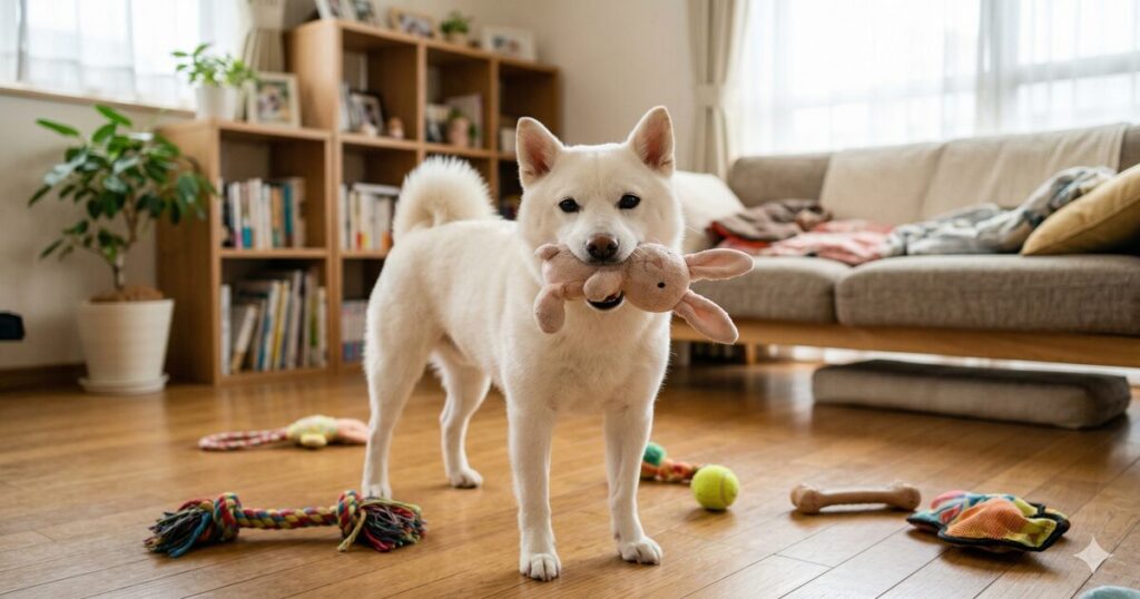 白柴がうさぎのぬいぐるみをくわえてリビングに立っている