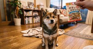 胡麻柴がおやつを見上げてうるうる目をし��いる